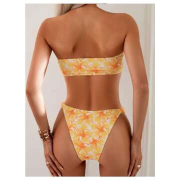 WDIRARA Women's Strapless Bandeau Smocked 2 Piece Swimsuit Floral Print O Ring Cheeky Bottom Bikini Set Bathing Suit Multicolor Yellow Small