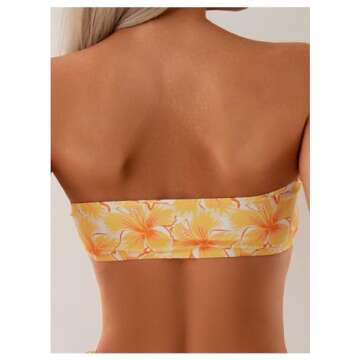 WDIRARA Women's Strapless Bandeau Smocked 2 Piece Swimsuit Floral Print O Ring Cheeky Bottom Bikini Set Bathing Suit Multicolor Yellow Small