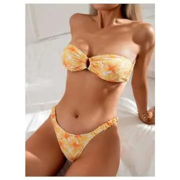 WDIRARA Women's Strapless Bandeau Smocked 2 Piece Swimsuit Floral Print O Ring Cheeky Bottom Bikini Set Bathing Suit Multicolor Yellow Small