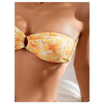 WDIRARA Women's Strapless Bandeau Smocked 2 Piece Swimsuit Floral Print O Ring Cheeky Bottom Bikini Set Bathing Suit Multicolor Yellow Small