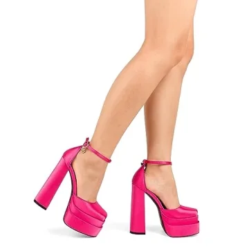 MERUMOTE Womens Sexy High Heels Platforms Pumps Square Toe Chunky Block Heels Rhinestone Party Shoes Rose Satin US8