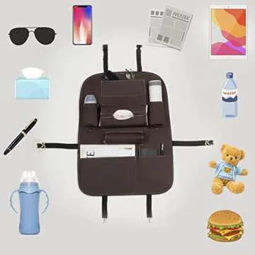 Backseat Car Organizer, PU Leather Car Seat Back Organizer Travel Storage Bag Holder Pocket Kick Mats Back Seat Protector Car Back Seat Organizer for Kids, Universal Car Travel Accessories