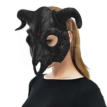Black Goat Head Skull Mask Ram Horns Animal Skull Costume Mask Horror Demon Devil Evil Mask Cosplay Halloween Mardi Gras Full Face Mask Creepy Party Decoration Prop