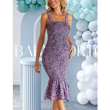 Summer Floral Midi Tank Maternity Dress, Sleeveless Strappy Ruffle Hem Smocked Bodycon Baby Shower D...