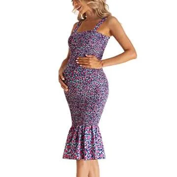 Summer Floral Midi Tank Maternity Dress, Sleeveless Strappy Ruffle Hem Smocked Bodycon Baby Shower Dresses Navy M
