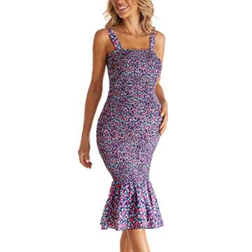 Summer Floral Midi Tank Maternity Dress, Sleeveless Strappy Ruffle Hem Smocked Bodycon Baby Shower Dresses Navy M