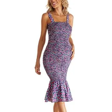 Summer Floral Midi Tank Maternity Dress, Sleeveless Strappy Ruffle Hem Smocked Bodycon Baby Shower Dresses Navy M