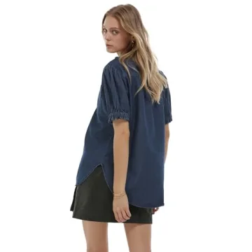Locachy Women's Half Button Mock Neck Denim Shirt Casual Puff Short Sleeve Denim Blouse Top Dark Blue XL