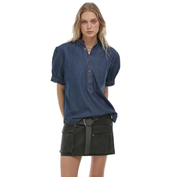 Locachy Women's Half Button Mock Neck Denim Shirt Casual Puff Short Sleeve Denim Blouse Top Dark Blue XL