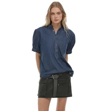 Locachy Women's Half Button Mock Neck Denim Shirt Casual Puff Short Sleeve Denim Blouse Top Dark Blue XL