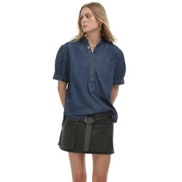 Locachy Women's Half Button Mock Neck Denim Shirt Casual Puff Short Sleeve Denim Blouse Top Dark Blue XL