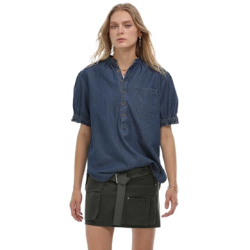 Locachy Women's Half Button Mock Neck Denim Shirt Casual Puff Short Sleeve Denim Blouse Top Dark Blue XL