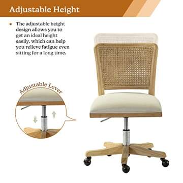 Modern Home Office Chair Comfortable Upholstered Armless Desk Chair, Adjustable Swivel Rolling Computer Chair with Rattan Mid-Back Support, Beige