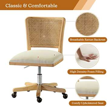 Modern Home Office Chair Comfortable Upholstered Armless Desk Chair, Adjustable Swivel Rolling Computer Chair with Rattan Mid-Back Support, Beige