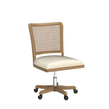 Modern Home Office Chair Comfortable Upholstered Armless Desk Chair, Adjustable Swivel Rolling Computer Chair with Rattan Mid-Back Support, Beige