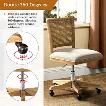 Modern Home Office Chair Comfortable Upholstered Armless Desk Chair, Adjustable Swivel Rolling Computer Chair with Rattan Mid-Back Support, Beige