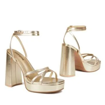 Abbleet Platform Heels for Women Strappy Block Chunky High Heels Open Toe Ankle Strap Sandals Fashion Lace Up Wedding Party Evening Prom Dance Dress Shoes(Glod,7.5)