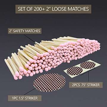 2" Light Pink Tip Safety Matches | Set of 200+ Bulk Artisan Matchsticks with Striker Stickers by Tha...