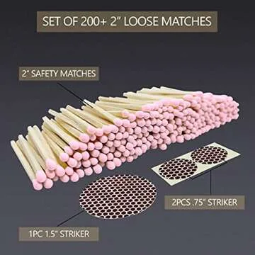 2" Light Pink Tip Safety Matches | Set of 200+ Bulk Artisan Matchsticks with Striker Stickers by Tha...