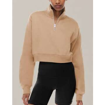 SAFRISIOR Women’s 1/4 Zip Sweatshirt Quarter Zipper Collar Drop Shoulder Long Sleeve Half Zip Cropped Pullover Top A-khaki