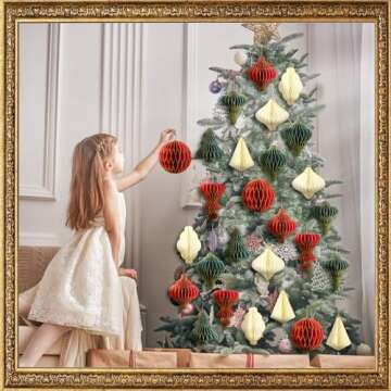 Rossesay 27 Pcs Paper Christmas Ornaments Xmas Mini Paper Honeycomb Lantern with Glitter Edge Vintag...