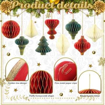 Rossesay 27 Pcs Paper Christmas Ornaments Xmas Mini Paper Honeycomb Lantern with Glitter Edge Vintage Christmas Party Decoration Christmas Paper Tree Ornaments for Party Tree Indoor(Red, Green, Gold)