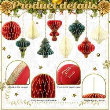 Rossesay 27 Pcs Paper Christmas Ornaments Xmas Mini Paper Honeycomb Lantern with Glitter Edge Vintage Christmas Party Decoration Christmas Paper Tree Ornaments for Party Tree Indoor(Red, Green, Gold)