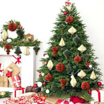 Rossesay 27 Pcs Paper Christmas Ornaments Xmas Mini Paper Honeycomb Lantern with Glitter Edge Vintage Christmas Party Decoration Christmas Paper Tree Ornaments for Party Tree Indoor(Red, Green, Gold)