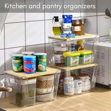 (New) 2 Set Pantry Organizer Storage Stackable, Kitchen Counter Organizer for Potato Onion Vegetable Fruit, Clear Large Basket with Open Front, Bamboo Lid, Eco-Friendly, Multi-Function, Rubber Feet