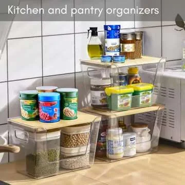 (New) 2 Set Pantry Organizer Storage Stackable, Kitchen Counter Organizer for Potato Onion Vegetable Fruit, Clear Large Basket with Open Front, Bamboo Lid, Eco-Friendly, Multi-Function, Rubber Feet