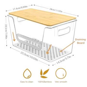 (New) 2 Set Pantry Organizer Storage Stackable, Kitchen Counter Organizer for Potato Onion Vegetable Fruit, Clear Large Basket with Open Front, Bamboo Lid, Eco-Friendly, Multi-Function, Rubber Feet