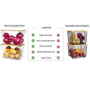 (New) 2 Set Pantry Organizer Storage Stackable, Kitchen Counter Organizer for Potato Onion Vegetable Fruit, Clear Large Basket with Open Front, Bamboo Lid, Eco-Friendly, Multi-Function, Rubber Feet