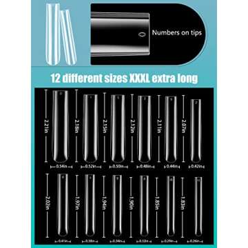 504PCS 3XL Clear Nail Tips for Acrylic Nails Professional, XXXL Extra Long Tapered Square Full Cover Nail Tips, 12 Sizes Ballerina Straight Artificial Press on Fake Nail Tips for Nail Salons Home DIY