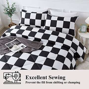 Andency Checkered Comforter Full(79x90Inch), Black White Plaid Gingham Bed Set for Teen Boys Kids, Lightweight Microfiber Geometric Preppy Bedding，2 Pieces