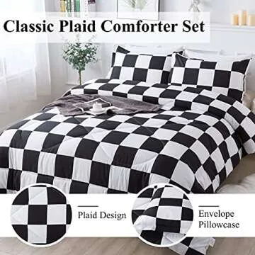 Andency Checkered Comforter Full(79x90Inch), Black White Plaid Gingham Bed Set for Teen Boys Kids, Lightweight Microfiber Geometric Preppy Bedding，2 Pieces