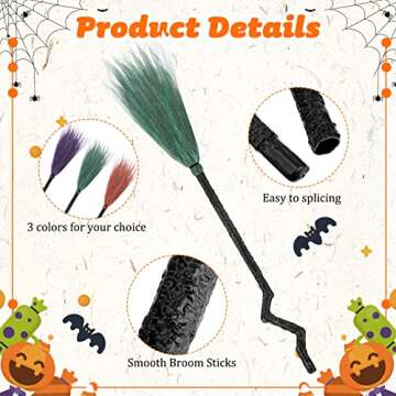 3 Pack Halloween Crooked Witch Broom Crooked Witch Broomstick Cosplay Plastic Wizard Broomstick Broom Props for Kids Halloween Costume Decorations Party Decor, 3 Colors