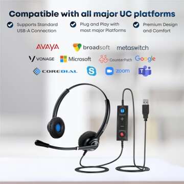 VoicePro 20 Professional Home Office and Call Center USB Headset with Noise Canceling Microphone, HD Speakers and in Line Call Controls with Mute, Compatible with All UC Voice Platforms.