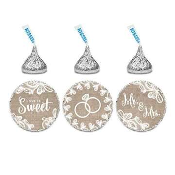 Andaz Press Burlap Lace Wedding Collection, Chocolate Drop Label Stickers Trio, 240-Pack, Fits Kisses Party Favors