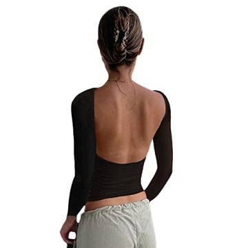 Women's Backless T-Shirts Y2K Crop Top Solid Casual Long Sleeve Sexy Vintage Cut Out 2023 Summer Fas...