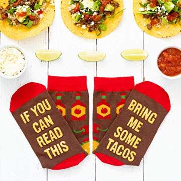 Lavley If You Can Read This, Bring Me Funny Socks - Novelty Gifts for Men, Women and Teens (US, Alpha, One Size, Regular, Regular, Taco)