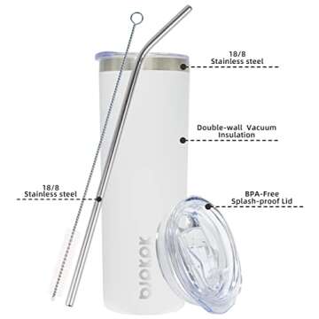 BJPKPK Skinny Tumbler with Lid 20 oz Stainless Steel Vacuum Insulated Double Wall Travel Coffee Water Tumblers Cup,White