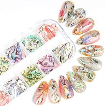 12 Grids Abalone Seashell Slices,Irregular Abalone Shell Slices Nail Art Glitter Flakes Acrylic Nails Supplies Holographic Glitters Nail Art Shell Piece Charm Shiny Decoration UV Gel Accessories Craft