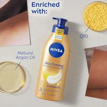 NIVEA Skin Firming Melanin Beauty and Hydration Body Lotion with Q10 and Argan Oil, Firmer Skin in as Little As Two Weeks, 16.9 Fl Oz Bottle