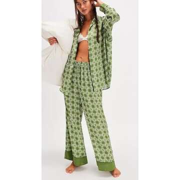 Women Soft Satin Pajamas Set Y2K Floral Long Sleeve Button Down Shirt Wide Leg Pants 2 Piece Silk Pj...