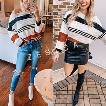 ZESICA Women's Fall Long Sleeve Crew Neck Striped Color Block Casual Loose Knitted Pullover Sweater Tops,Black,Small