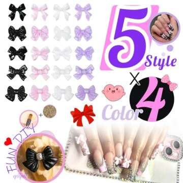qiipii 5 Styles Bows Nail Charms 3D Black White Pink Purple Bowknot Charms for Nails Crafting Flatback Half Pearls Beads Nail Art Supplies Jewels Decor for Acrylic Nails Face Eyes Makeup DIY Crafts