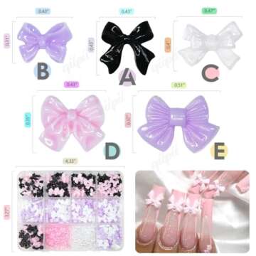 qiipii 5 Styles Bows Nail Charms 3D Black White Pink Purple Bowknot Charms for Nails Crafting Flatback Half Pearls Beads Nail Art Supplies Jewels Decor for Acrylic Nails Face Eyes Makeup DIY Crafts