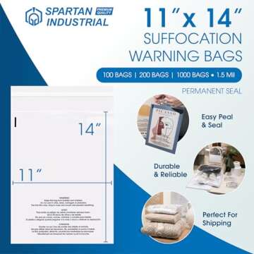 Spartan Industrial - 11" X 14" (1000 Count) Self Seal Clear Poly Bags with Suffocation Warning for P...