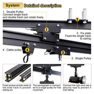 DATOUBOSS 158" x197" Studio Ceiling Rail System Pantograph Photography 4.0Mx5.0M Studio Rail Lighting System Pantograph Studio Arm 43-200CM Studio Ceiling Rail System Photography