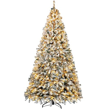 BROVIEW 9ft Pre-Lit Snow Flocked Artificial Christmas Tree, Holiday Xmas Tree with 900 Warm White Li...